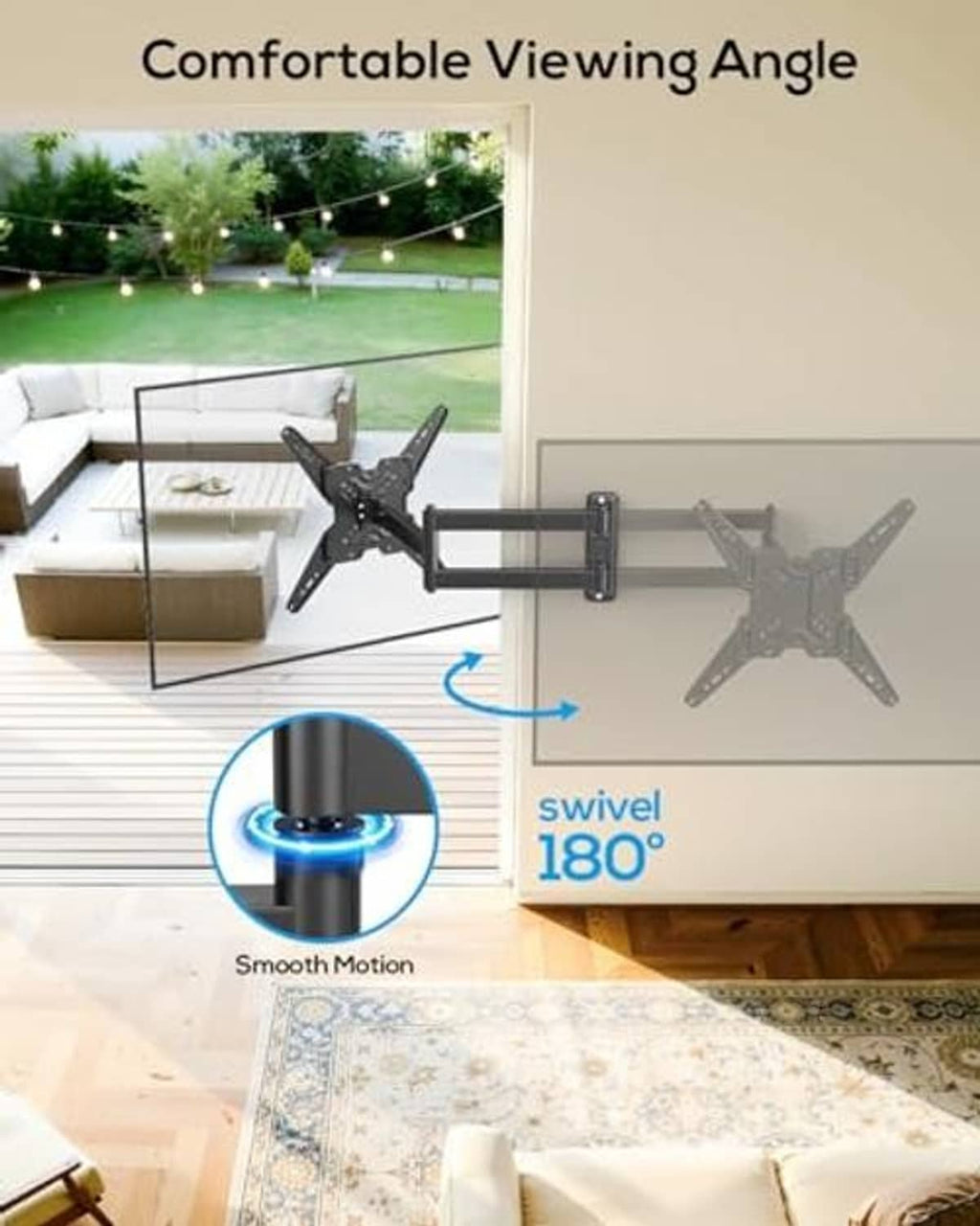 Corner TV wall mount bracket mounted on wall with long swivel arms