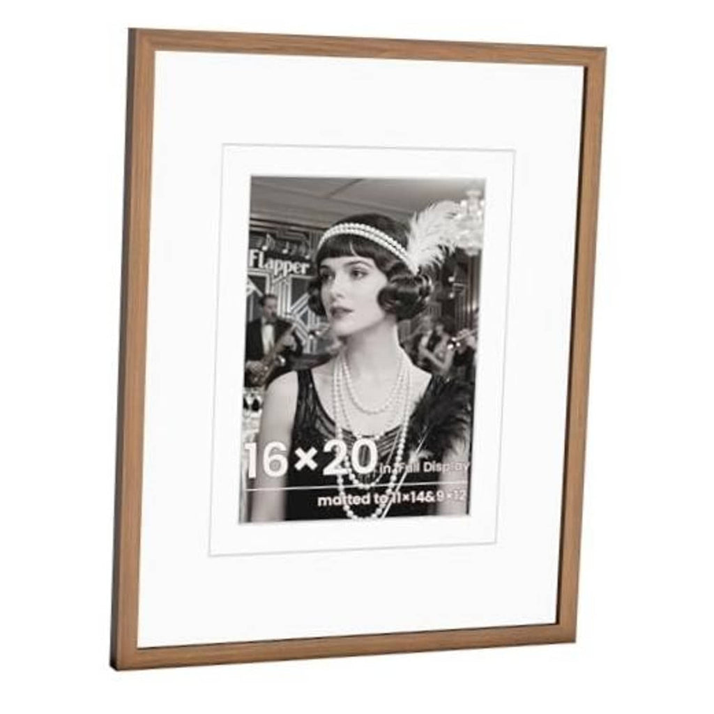 Walnut wood picture frame with white mat and clear glass, front view