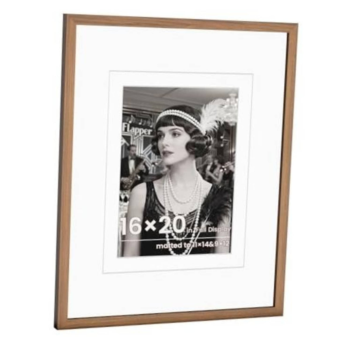 Walnut wood picture frame with white mat and clear glass, front view