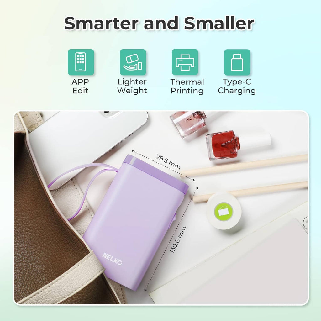 Purple compact label maker with app, lighter weight, and thermal printing icons