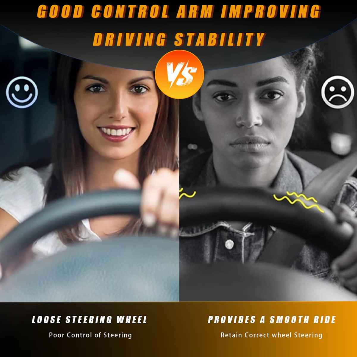 Driving stability graphic comparing steering control, with control system icons.