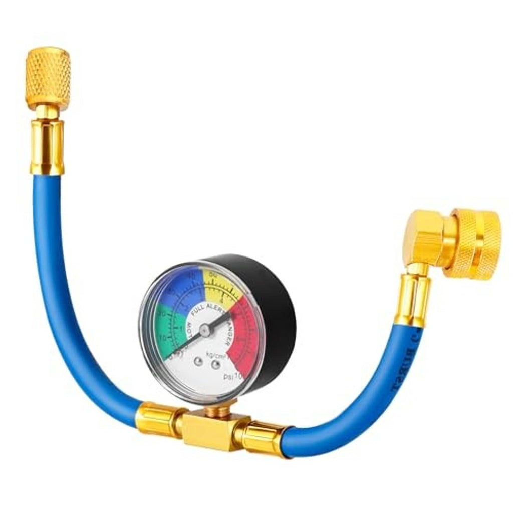 R134A AC charge hose with pressure gauge, U-shaped blue hose and gold fittings