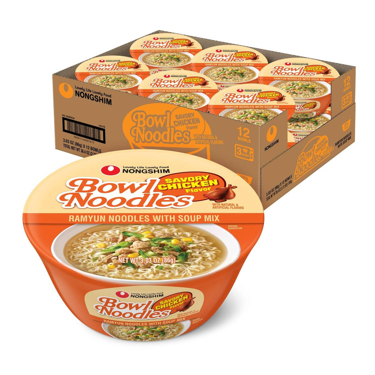 Instant ramen 12-pack box with savory chicken noodle soup cup