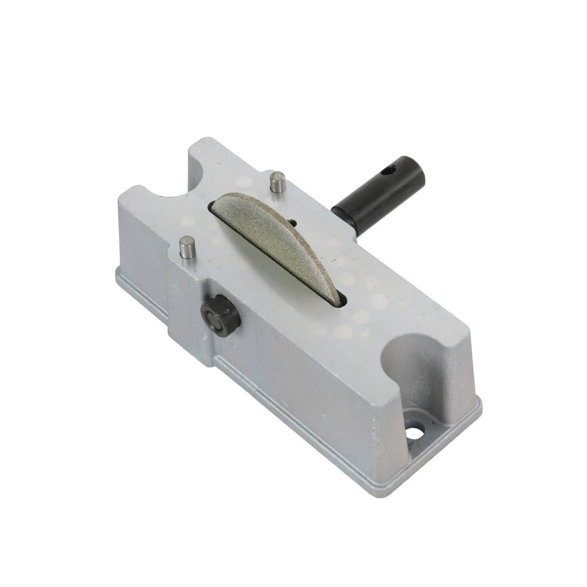 Manual piston ring grinder tool with abrasive wheel and black handle on metal base