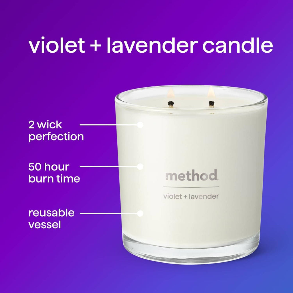 Violet + lavender candle in glass jar, two wicks, reusable vessel