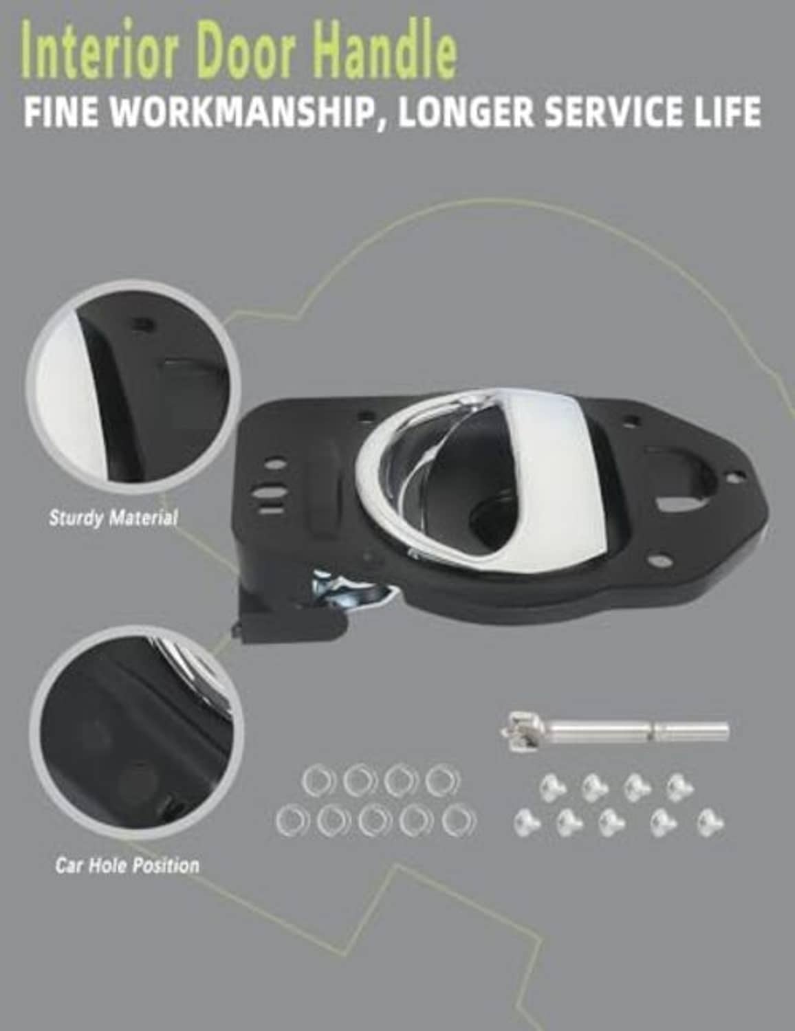 Interior door handle with chrome lever on black housing, includes screws and rings