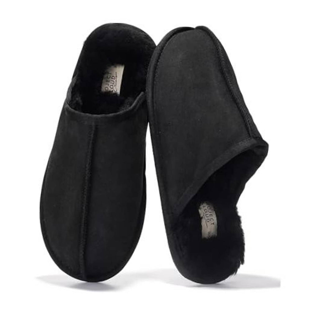 Black leather shearling-lined slide slippers, stitched topline and open back