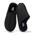 Black leather shearling-lined slide slippers, stitched topline and open back