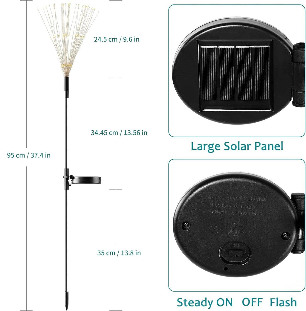 Solar stake light with round solar panel base and slender poles, cool-white LED