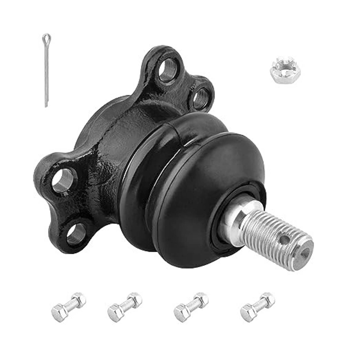 Ball joint with black boot and steel threaded stud; includes nuts and bolts