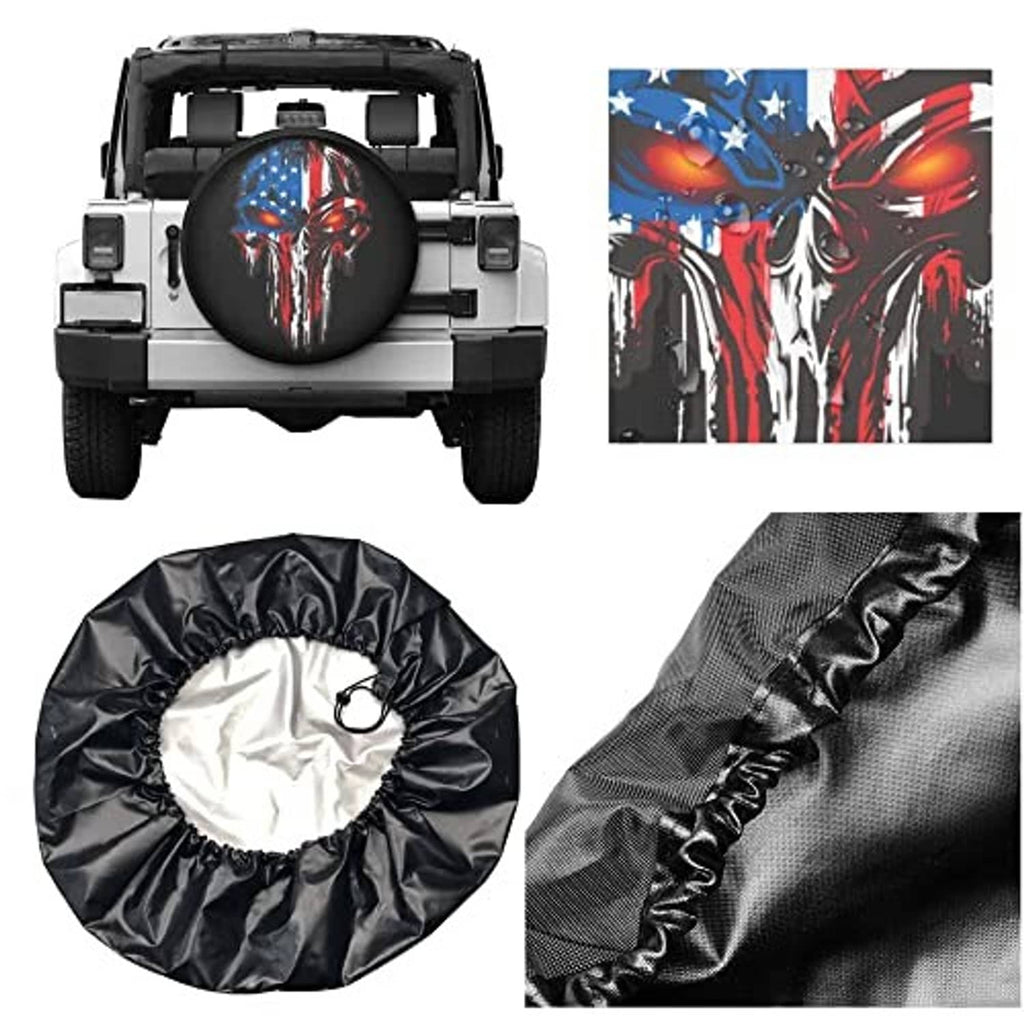Black spare tire cover set with skull print, fabric folds, and elastic trim