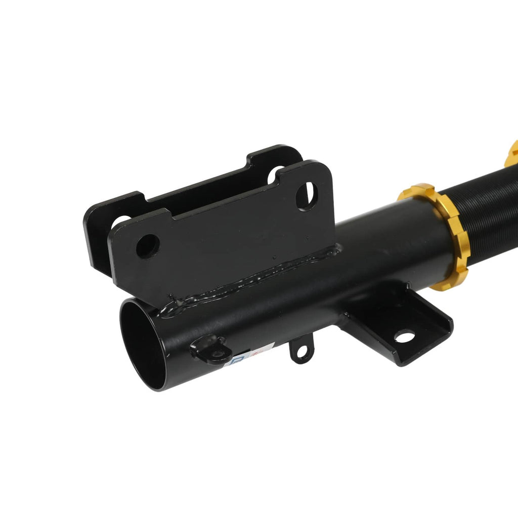 Coilover strut support bracket with black finish and circular mounting opening