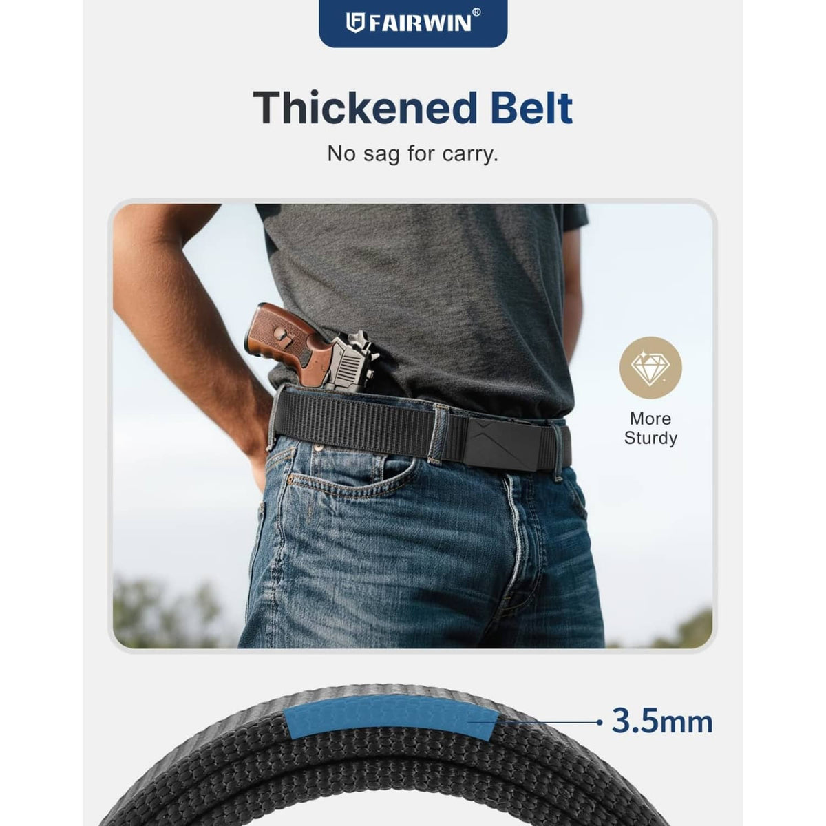 Men's thickened ratchet belt, dark woven strap with sturdy buckle on jeans