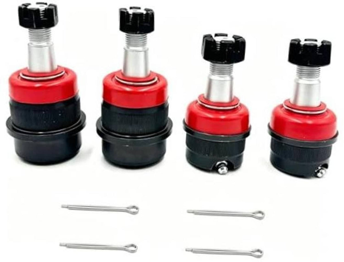 Set of four red and black automotive ball joints with included hex installation wrench