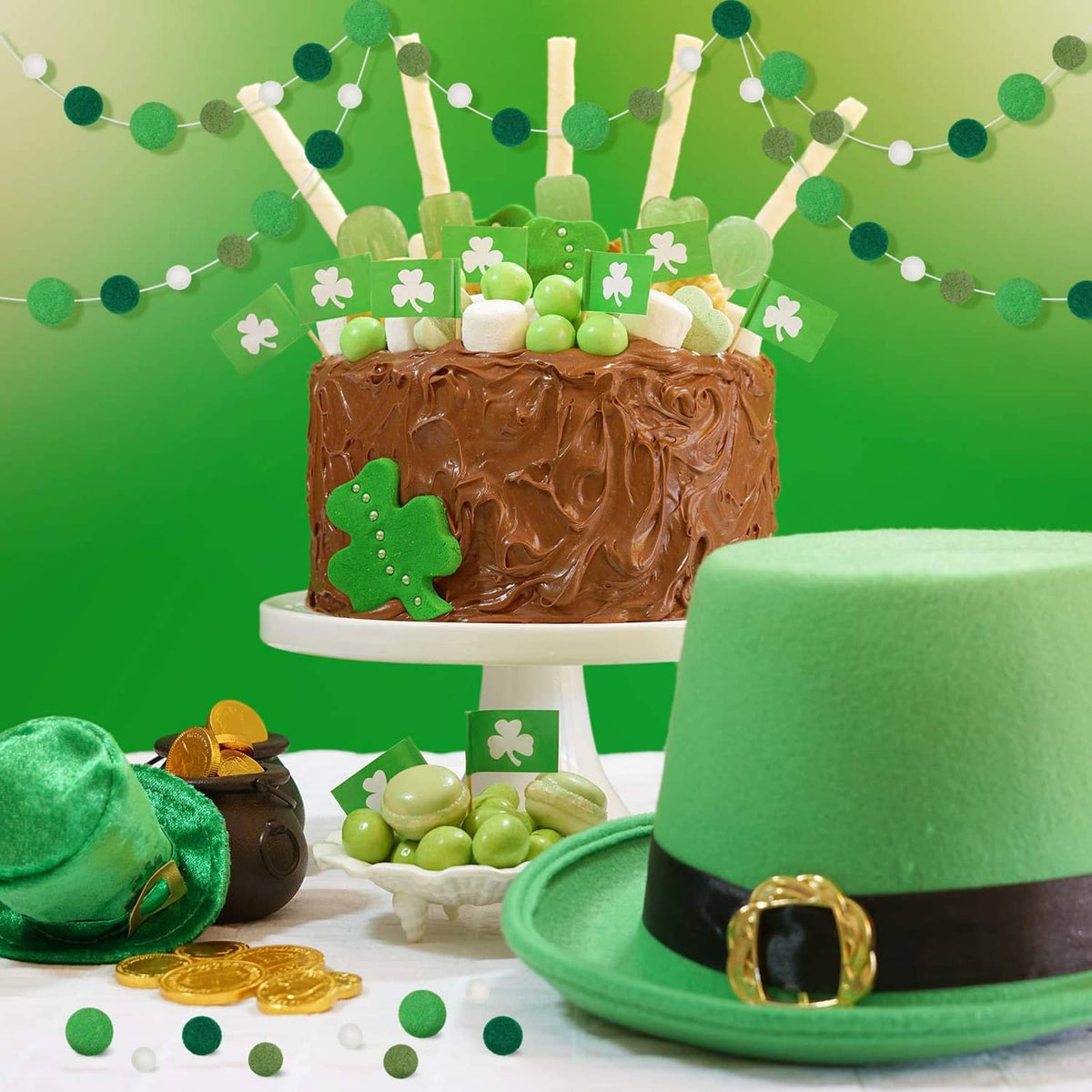 Green felt ball garland overhead with white bead connectors for St. Patrick's decor