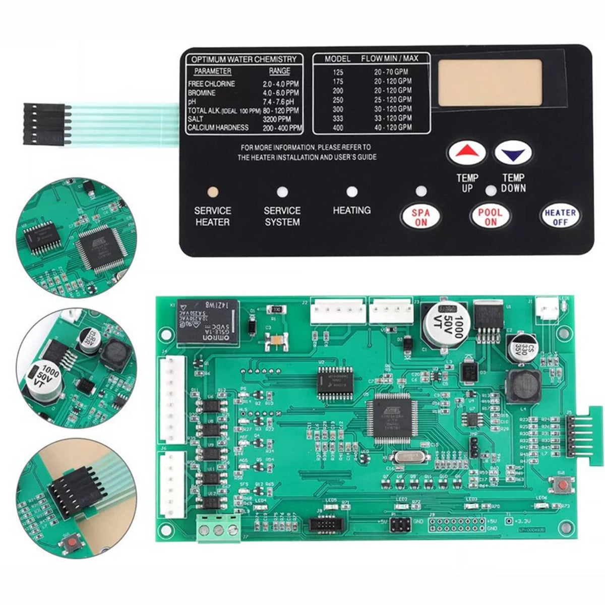 Pentair control board kit with green PCB, black control membrane, and ribbon cable