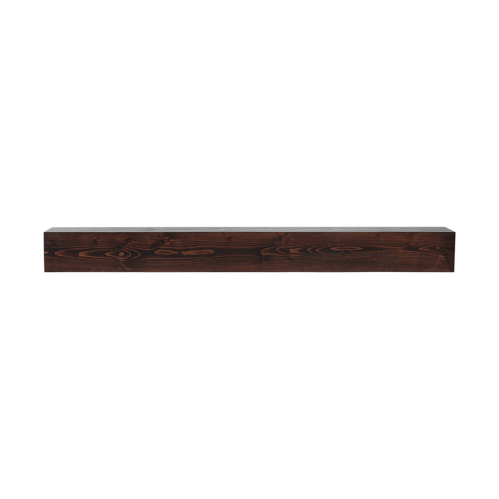 Rectangular rustic dark brown wood fireplace mantel shelf with side-grain pattern