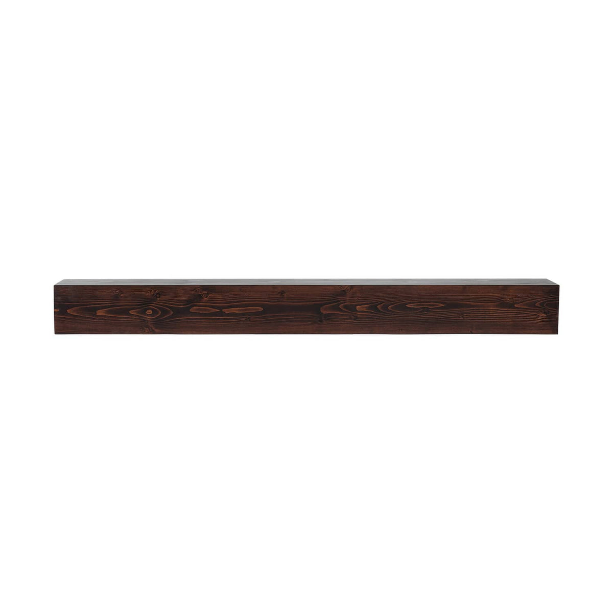 Rectangular rustic dark brown wood fireplace mantel shelf with side-grain pattern