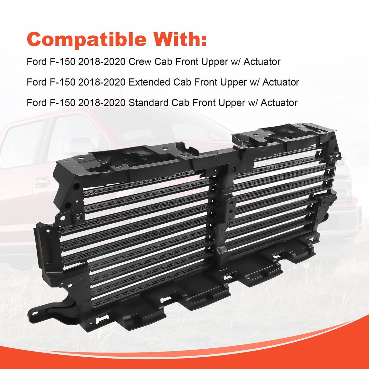Black upper radiator grille air shutter with horizontal slats and actuator-ready center section
