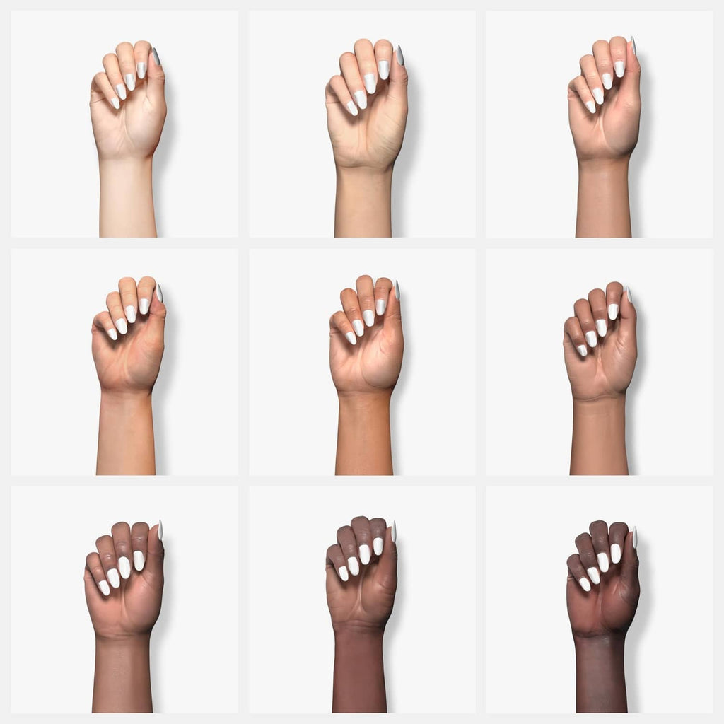 Nail swatch set showing multiple glossy acrylic powder shades on fingers
