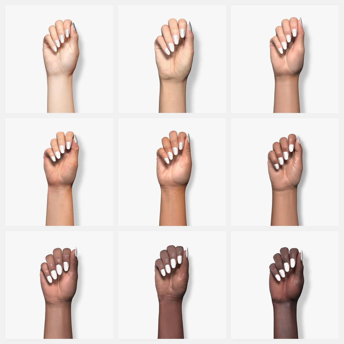 Nail swatch set showing multiple glossy acrylic powder shades on fingers