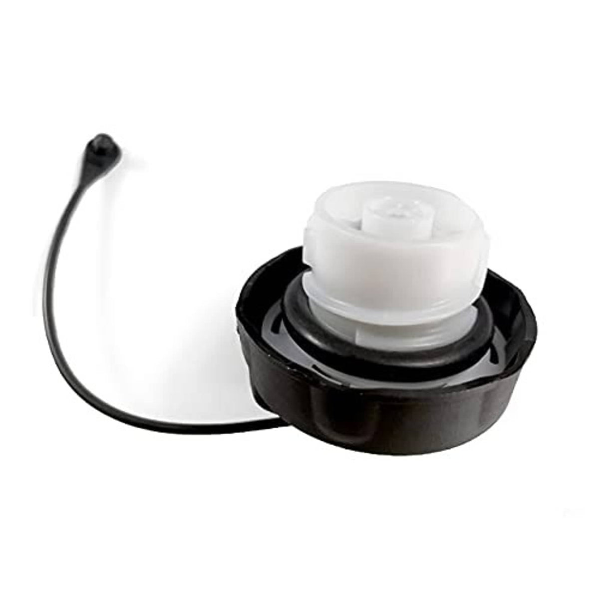 Fuel cap with white plastic center and black base, tether attached