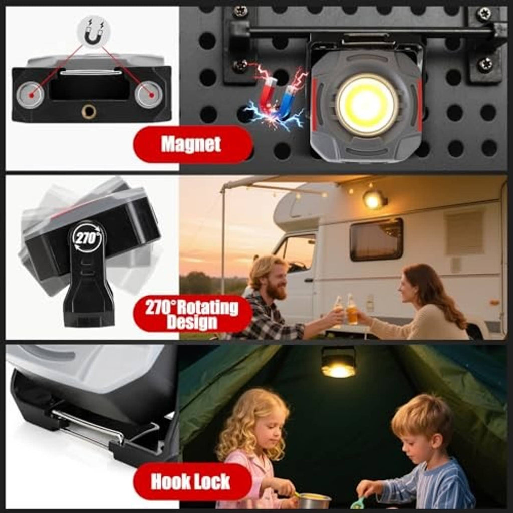Magnetic portable work light with hook and rotating head design shown in multiple views