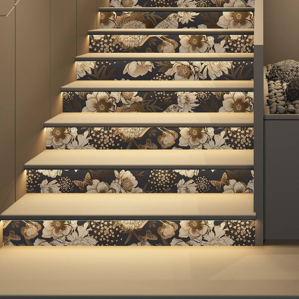 Black and gold floral bird wallpaper covering staircase wall panels