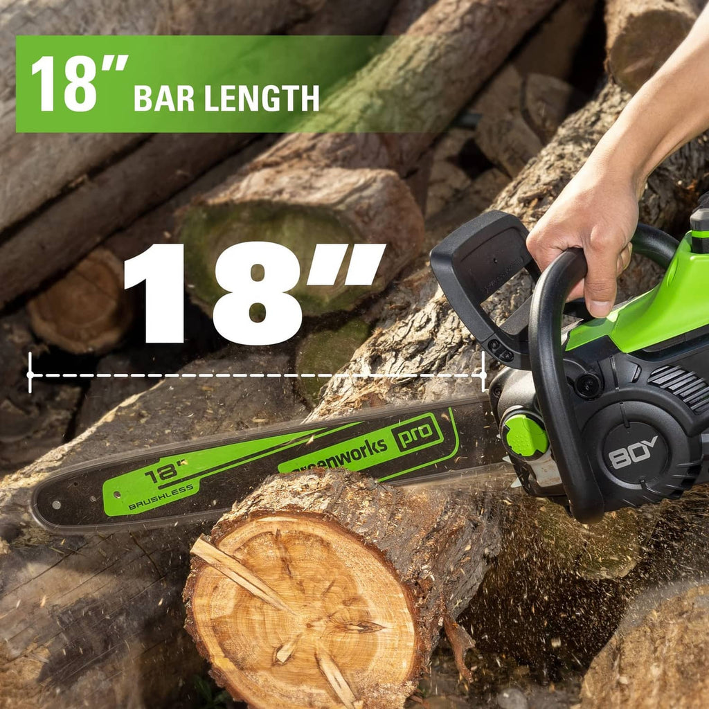 18-inch bar and chain cutting into wood with Greenworks pro chainsaw