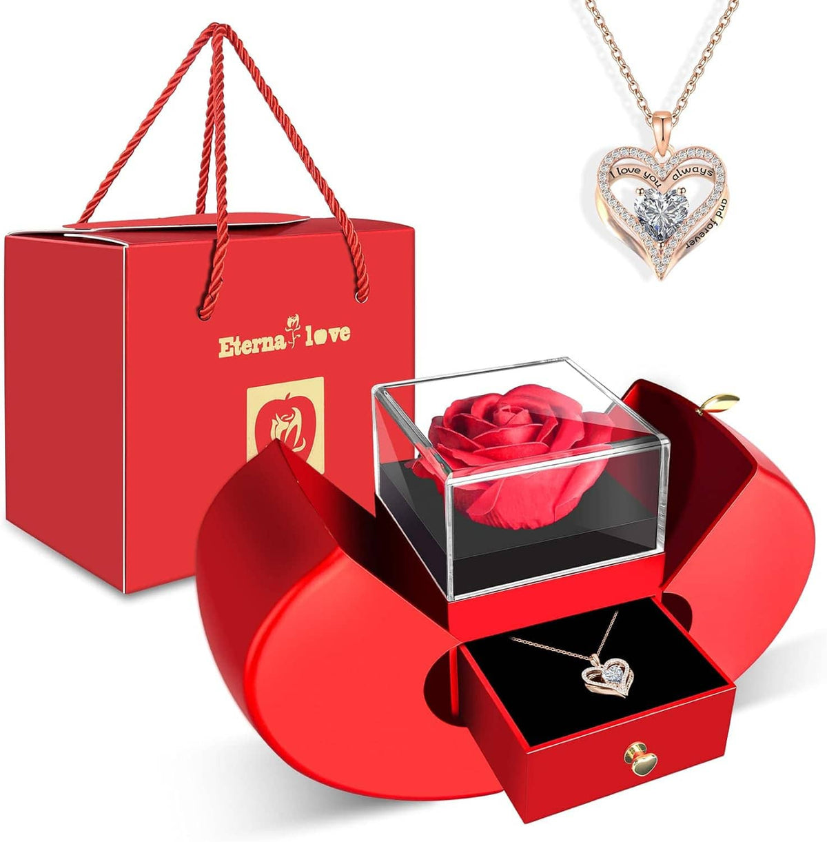 Red rose gift box set with heart pendant necklace in red packaging and open case