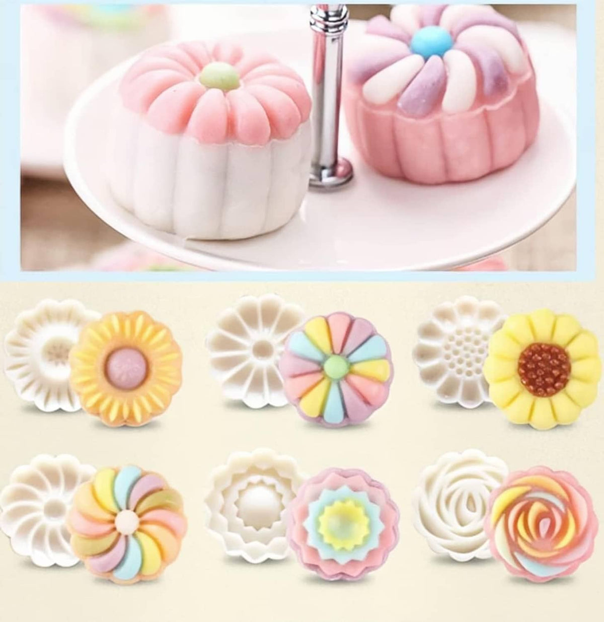 Moon cake moulds with pastel floral shapes; metal press tool shown above cakes