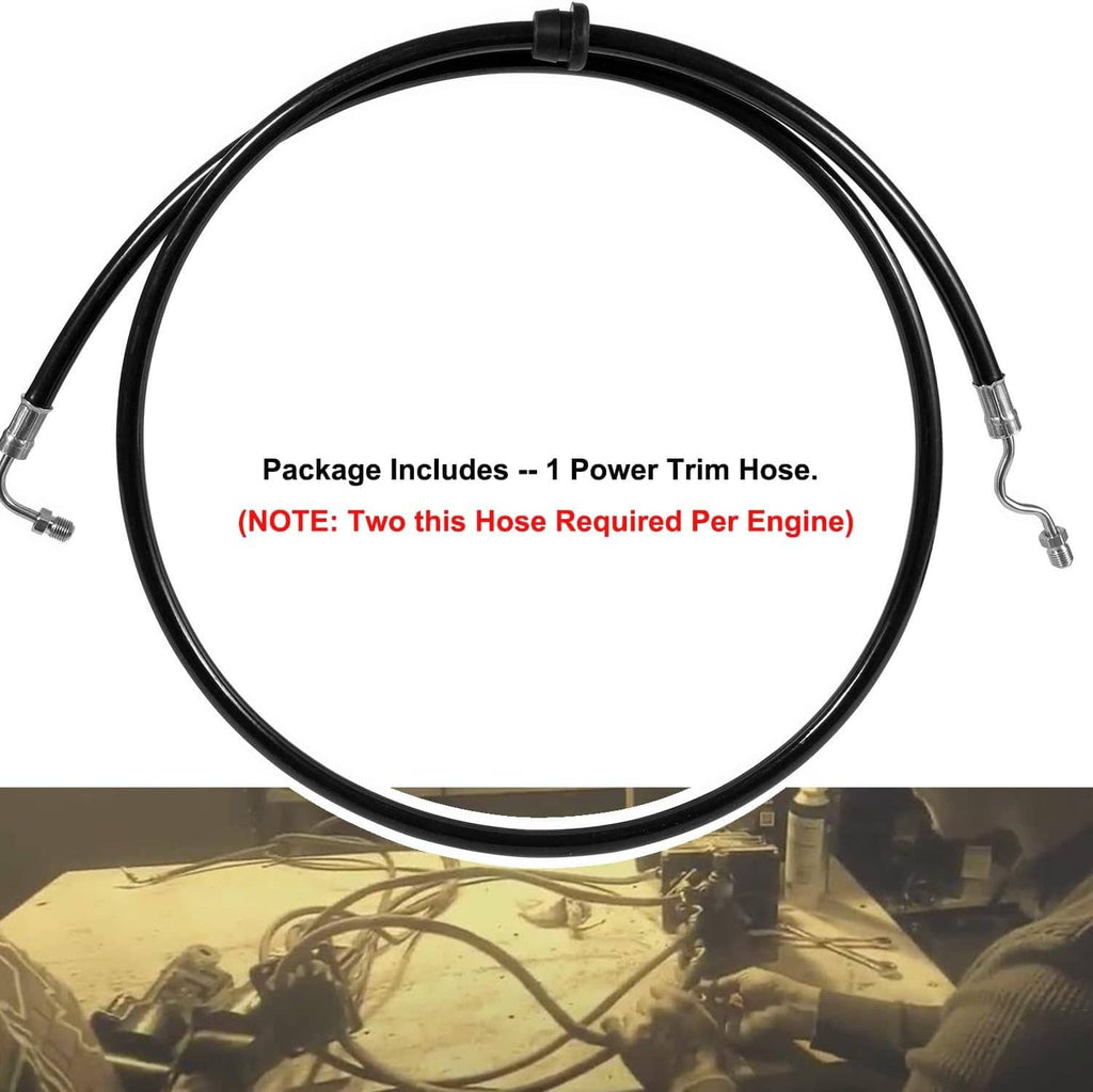 Black rubber power trim hose with metal clamps and end fittings, coiled in a loop