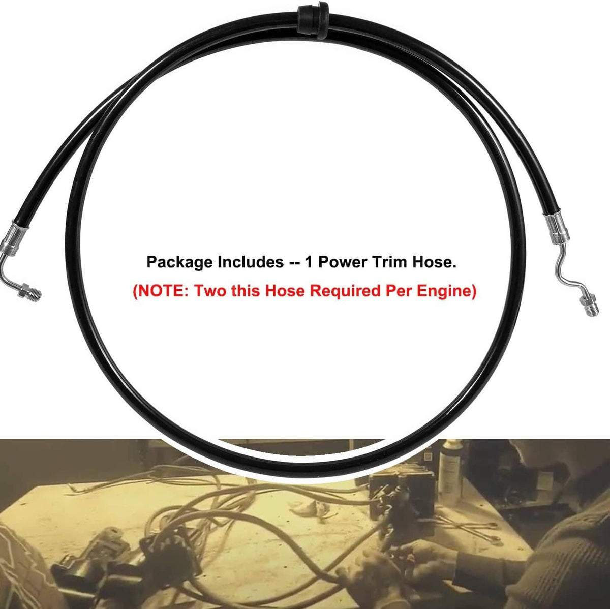 Black rubber power trim hose with metal clamps and end fittings, coiled in a loop