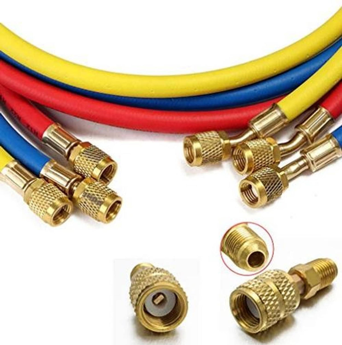 Brass connector ends on red, blue, and yellow refrigerant hoses