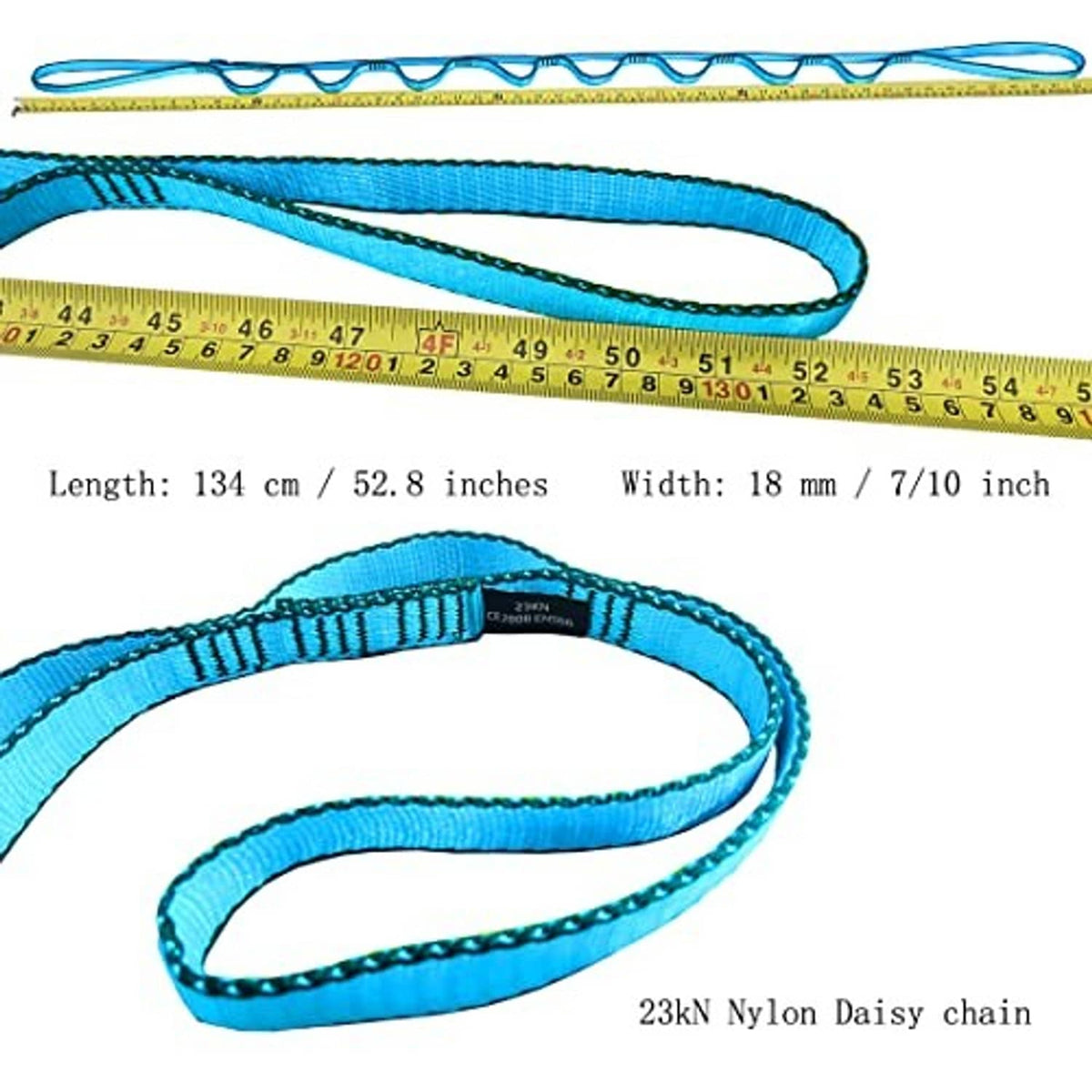 Blue nylon daisy chain rope lanyard with extended flat strap and looped eye
