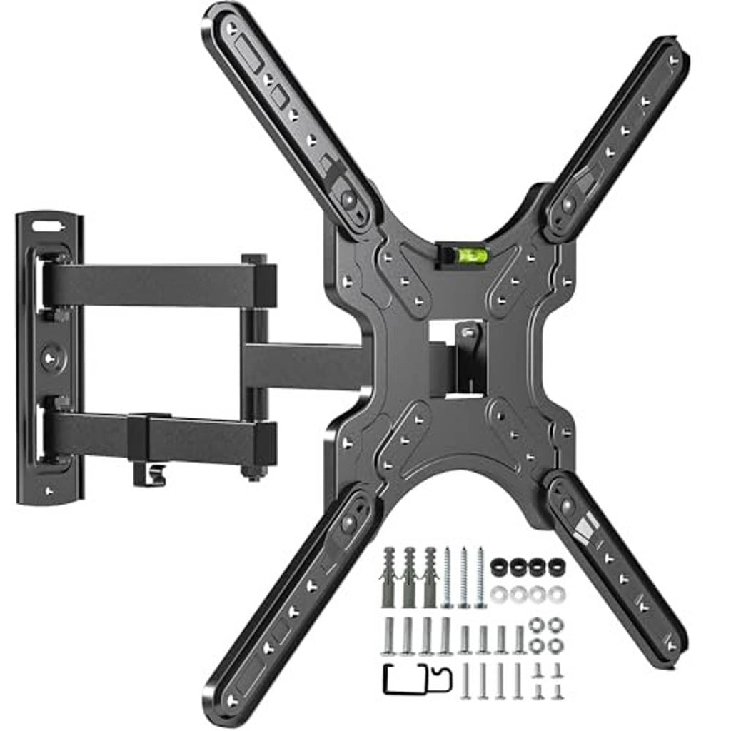 Full-motion corner TV wall mount bracket with VESA plate, arms, and mounting kit