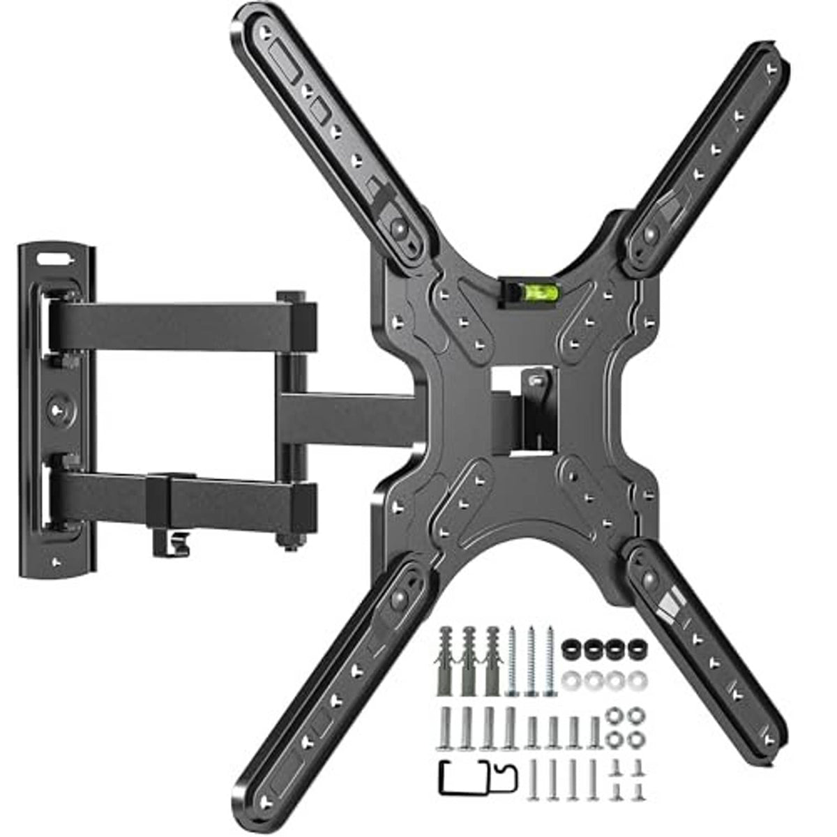 Full-motion corner TV wall mount bracket with VESA plate, arms, and mounting kit