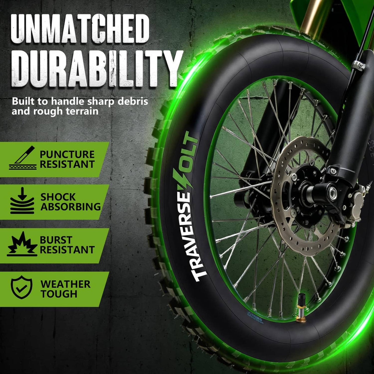 Black dirt bike inner tube with puncture-resistant design shown on a spoked wheel