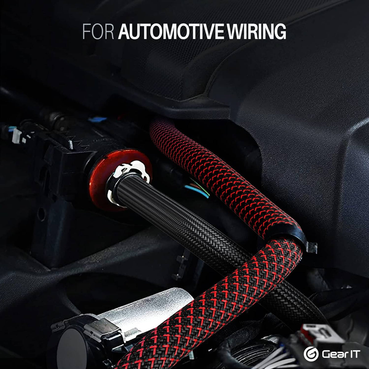 Black braided cable sleeve bundled for automotive wiring in a vehicle