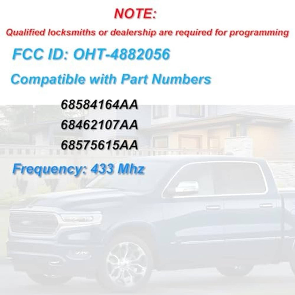 Key fob compatibility graphic showing FCC ID and 433 MHz on-screen details