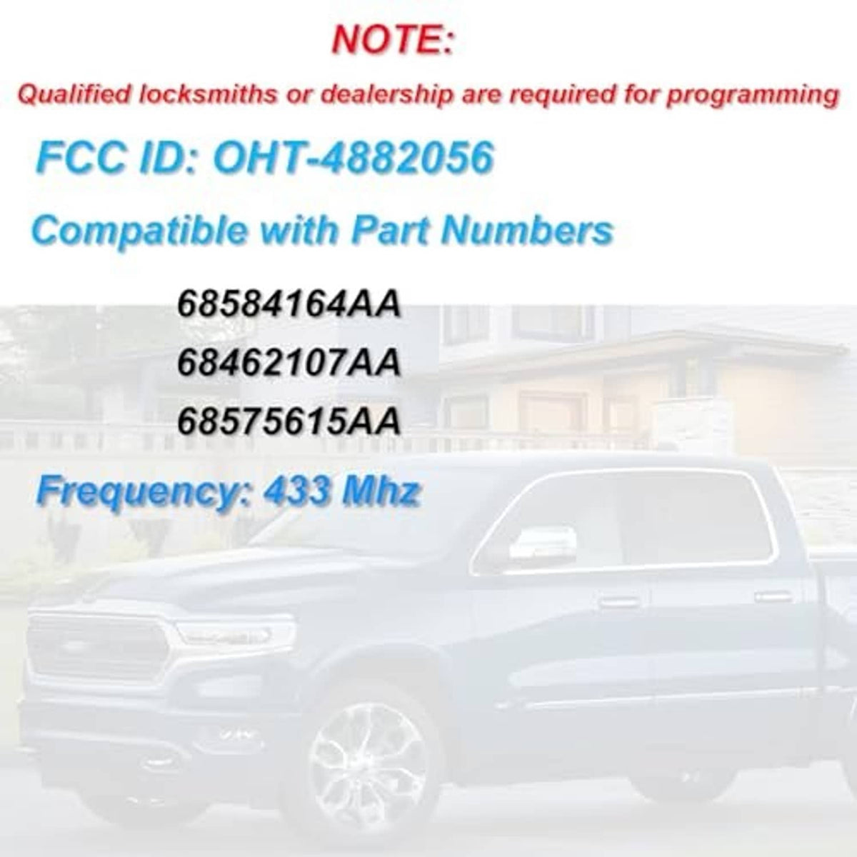 Key fob compatibility graphic showing FCC ID and 433 MHz on-screen details