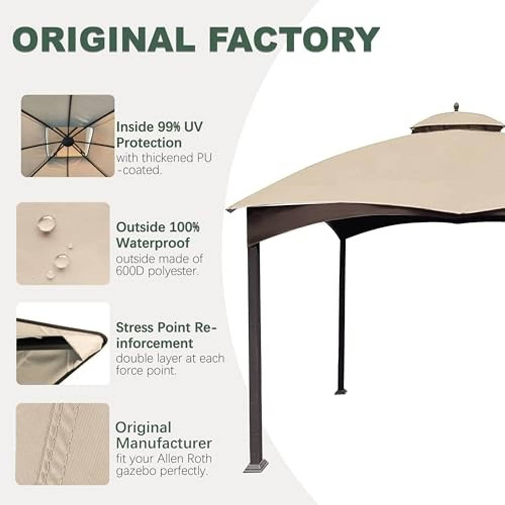 Light beige gazebo canopy top with dark trim and vented roof panel