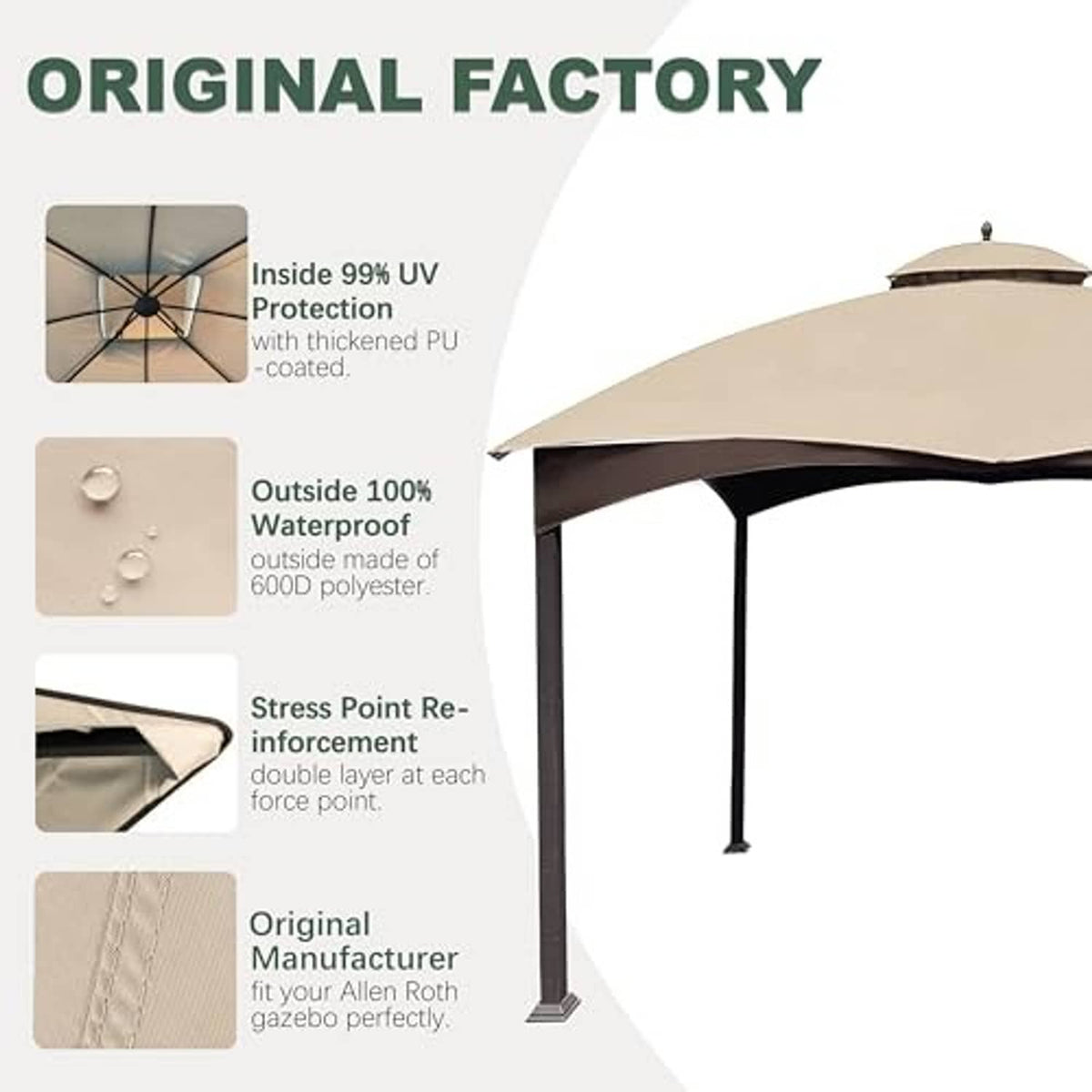 Light beige gazebo canopy top with dark trim and vented roof panel