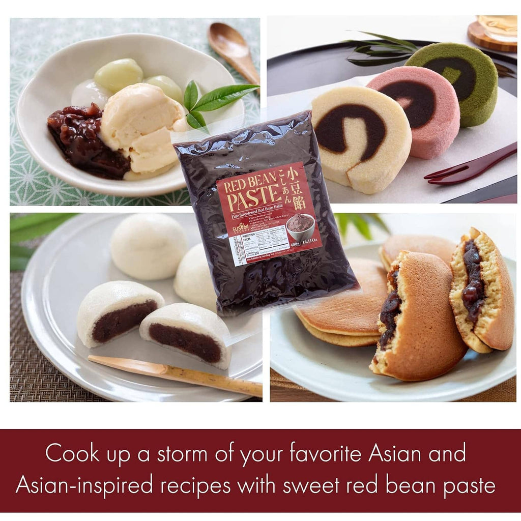 Fine sweetened red bean paste pouch with mochi-like sweets and dark red filling