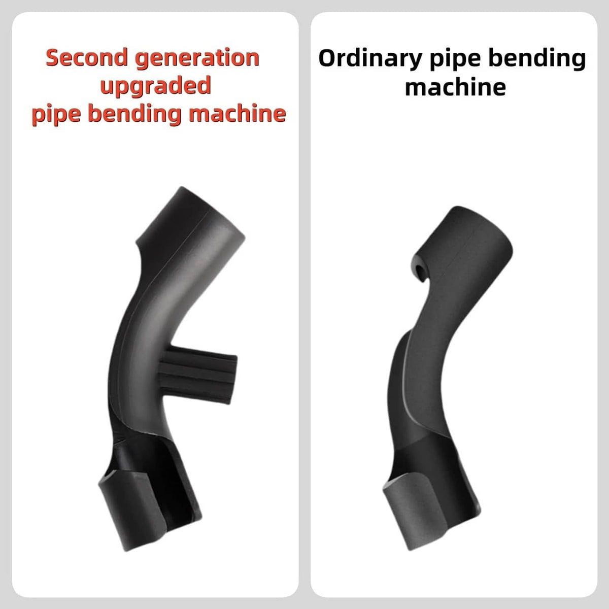 Black pipe benders comparison, two elbow bender shapes with matching latch fittings.