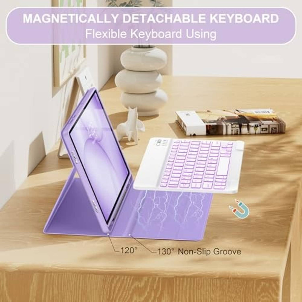 Violet tablet keyboard case with detachable flexible keyboard and angled stand
