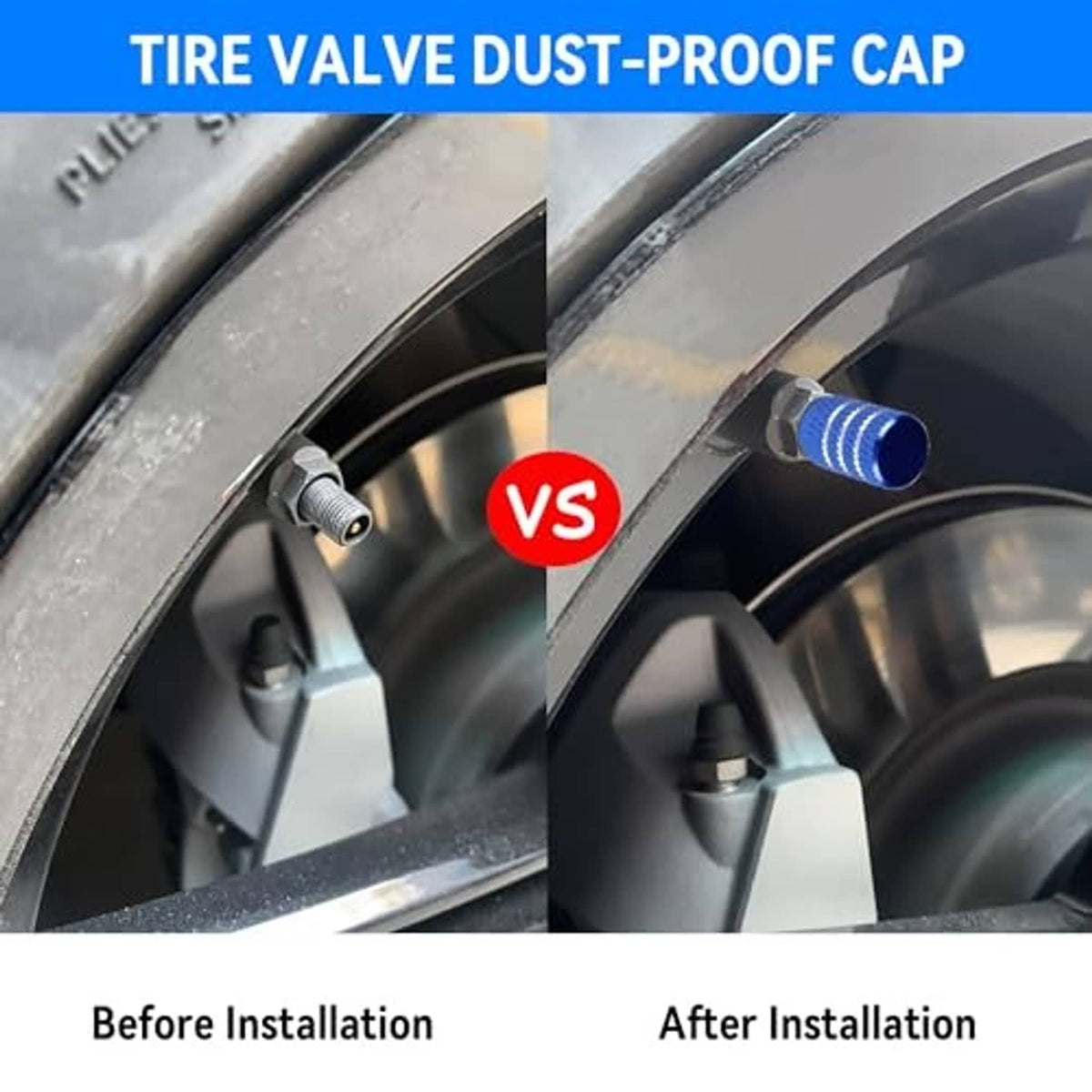 Blue dust-proof tire valve stem cap installed on wheel valve stem