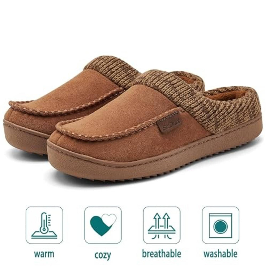 Brown moccasin slipper clogs, suede upper with knit collar and cushioned outsole