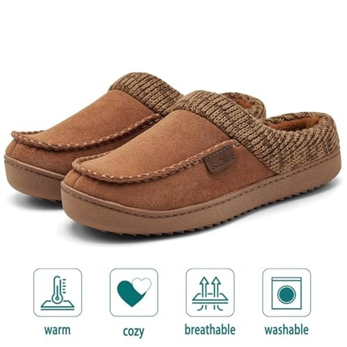 Brown moccasin slipper clogs, suede upper with knit collar and cushioned outsole