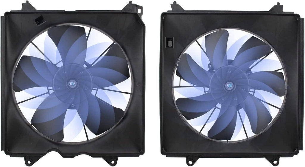 Dual radiator cooling fan assembly with black fan blades and blue-tinted airflow